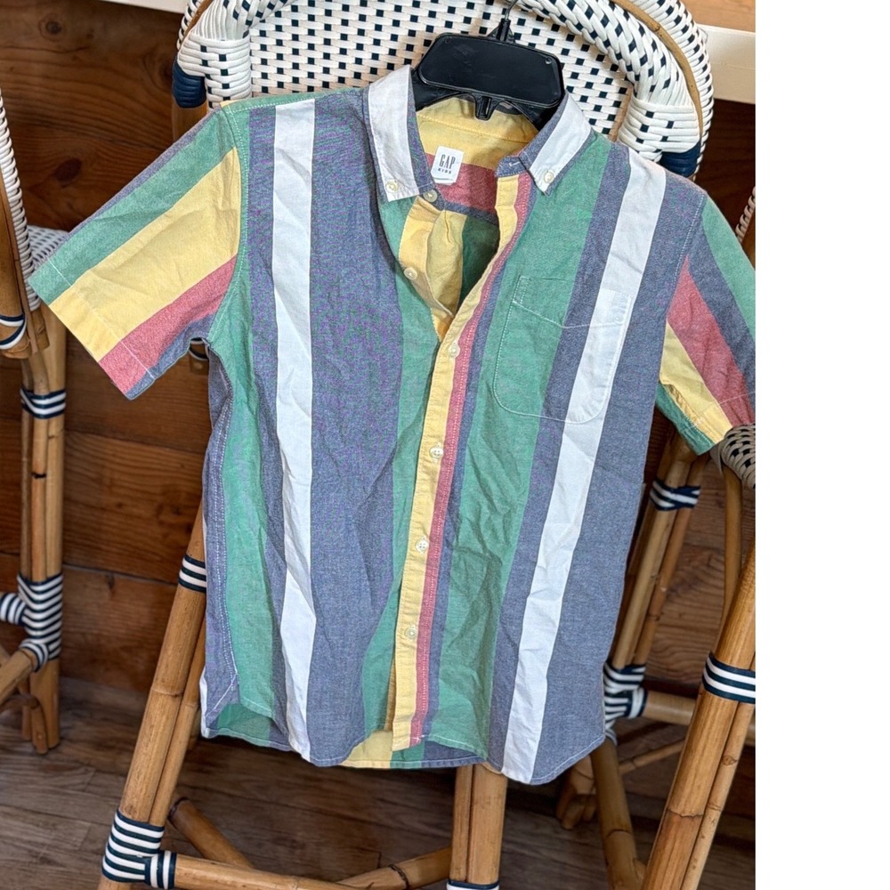 Gap Kids Boys L 10 Short Sleeve Button Down Shirt Multicolored Striped Cotton